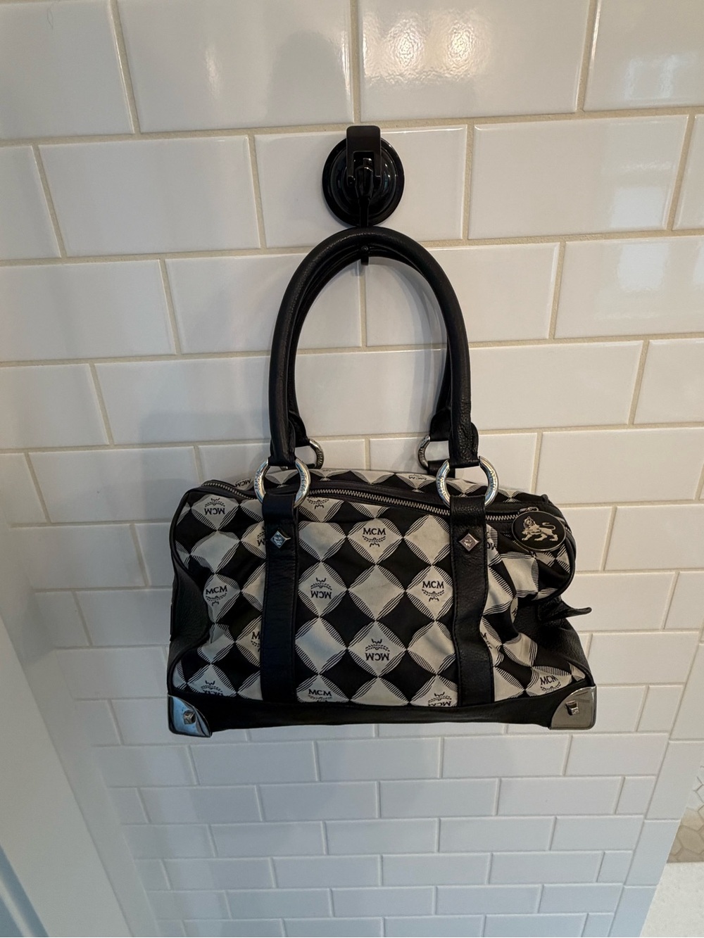 MCM Black and White Checker Logo Satchel with Leather Trim - Picture 4 of 6